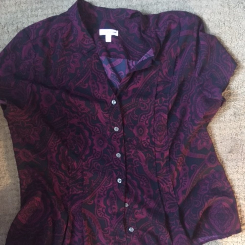 Croft & Barrow Printed Paisley Blue and Navy Button Down Shirt Blouse Size Large